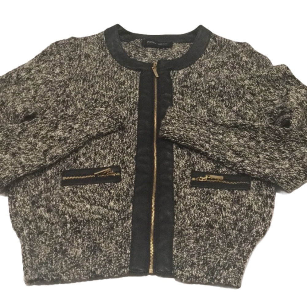 Nubby marled b&w sweater with vegan leather